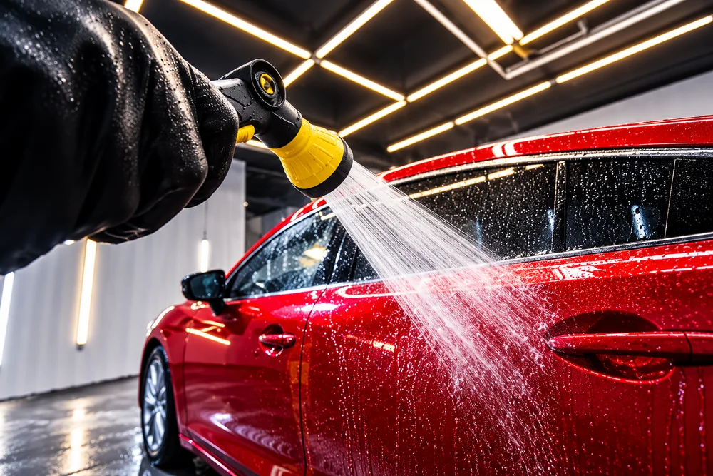 Red car being pressure washed